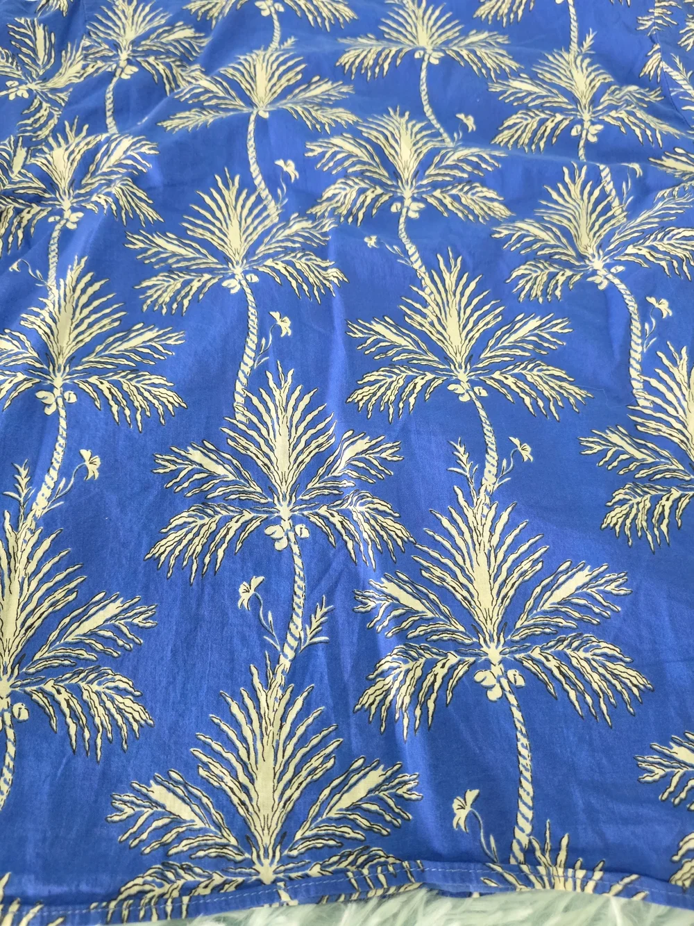 Zara Blue‎ Palm Tree Print Blouse ZW Collection Size S Puff Sleeve Button Up Top